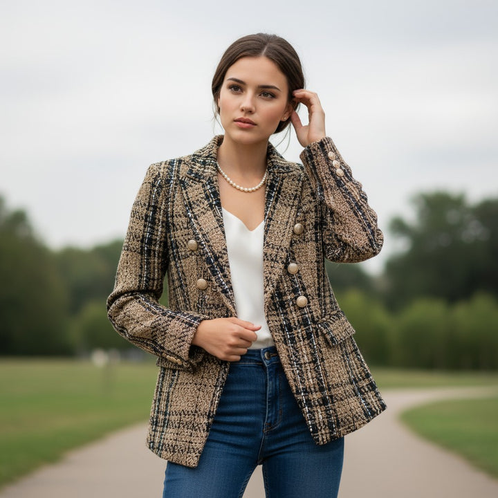 Women's Elegant Checkered Long Sleeve Blazer-Vyana Collective