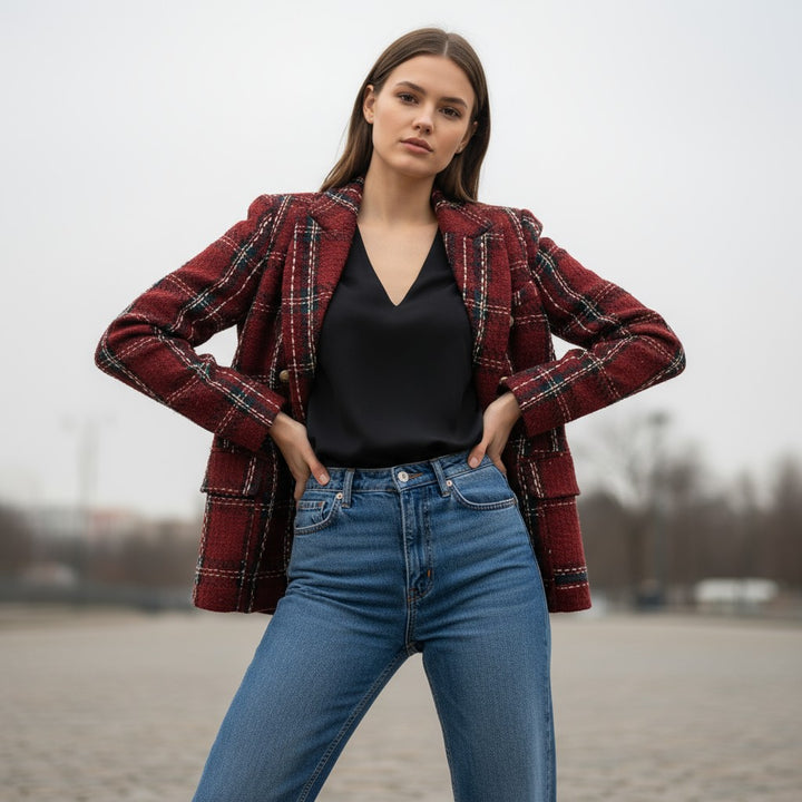 Women's Elegant Checkered Long Sleeve Blazer-Vyana Collective