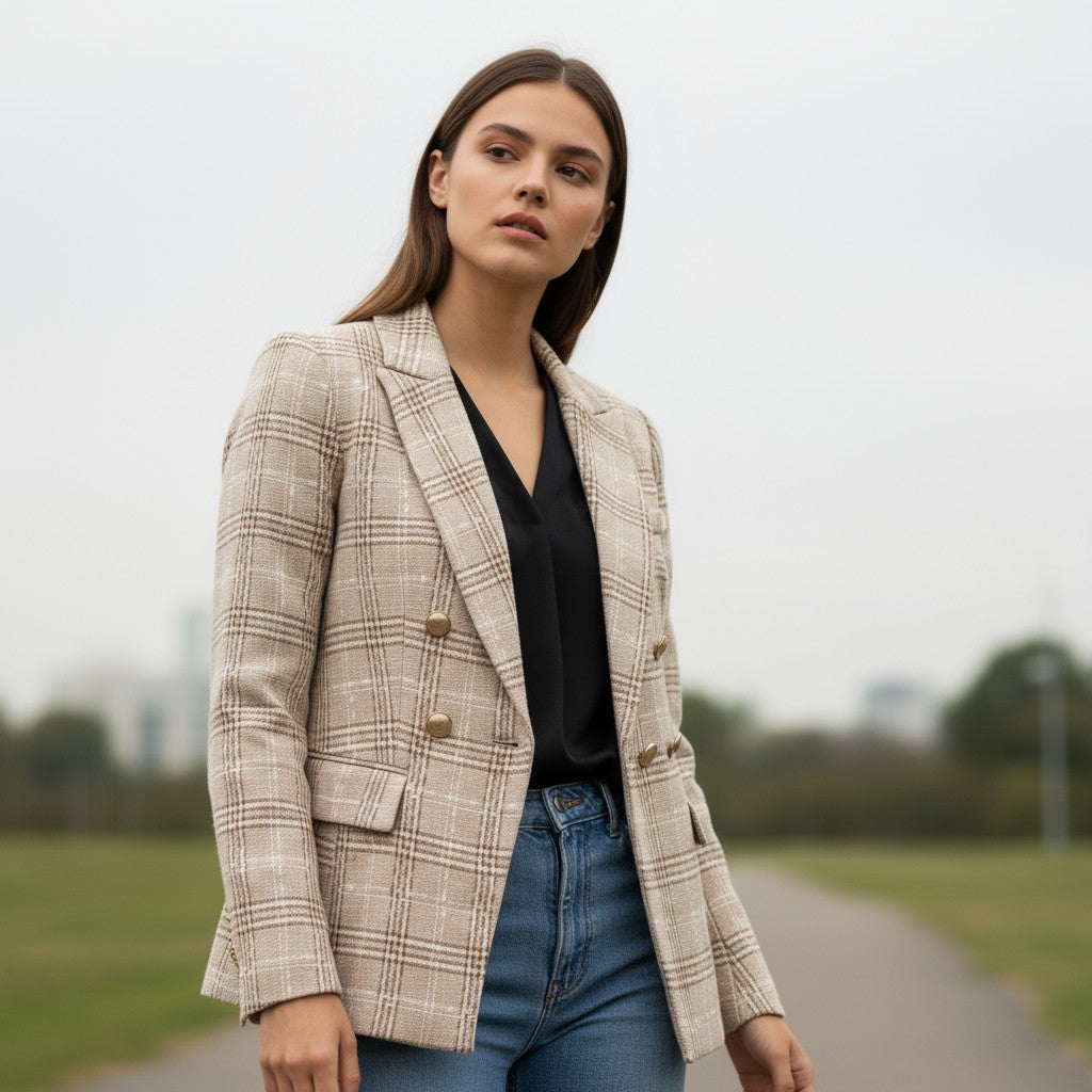 Women's Elegant Checkered Long Sleeve Blazer-Vyana Collective