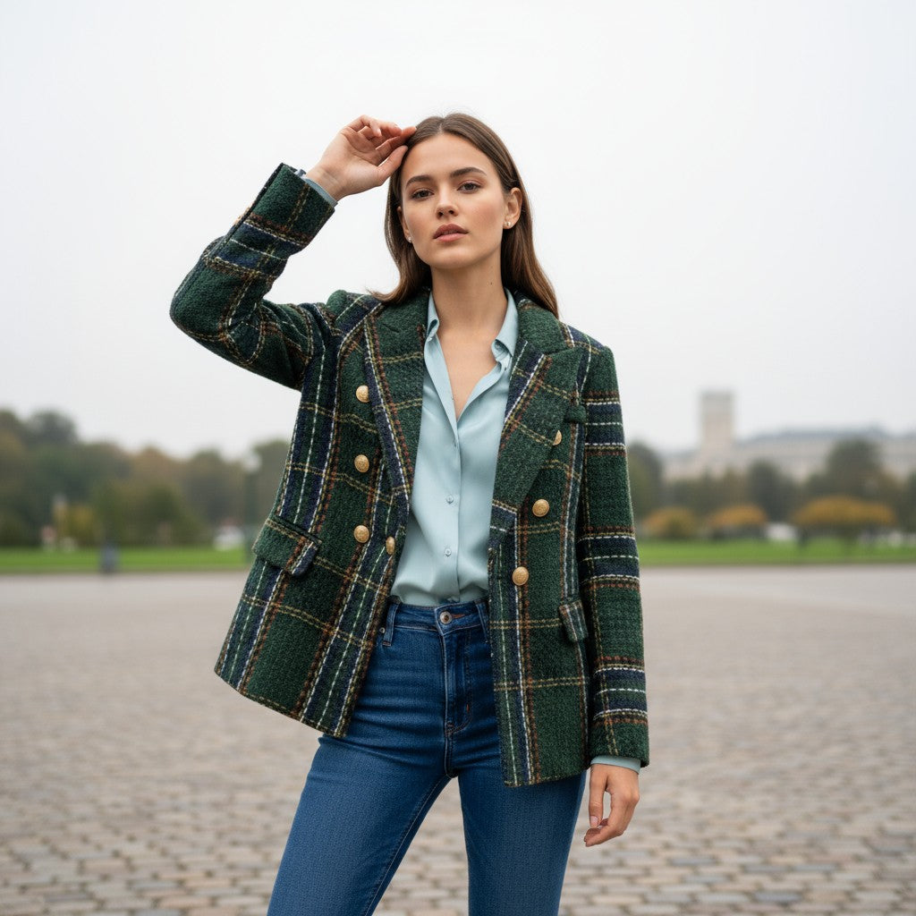 Women's Elegant Checkered Long Sleeve Blazer-Vyana Collective