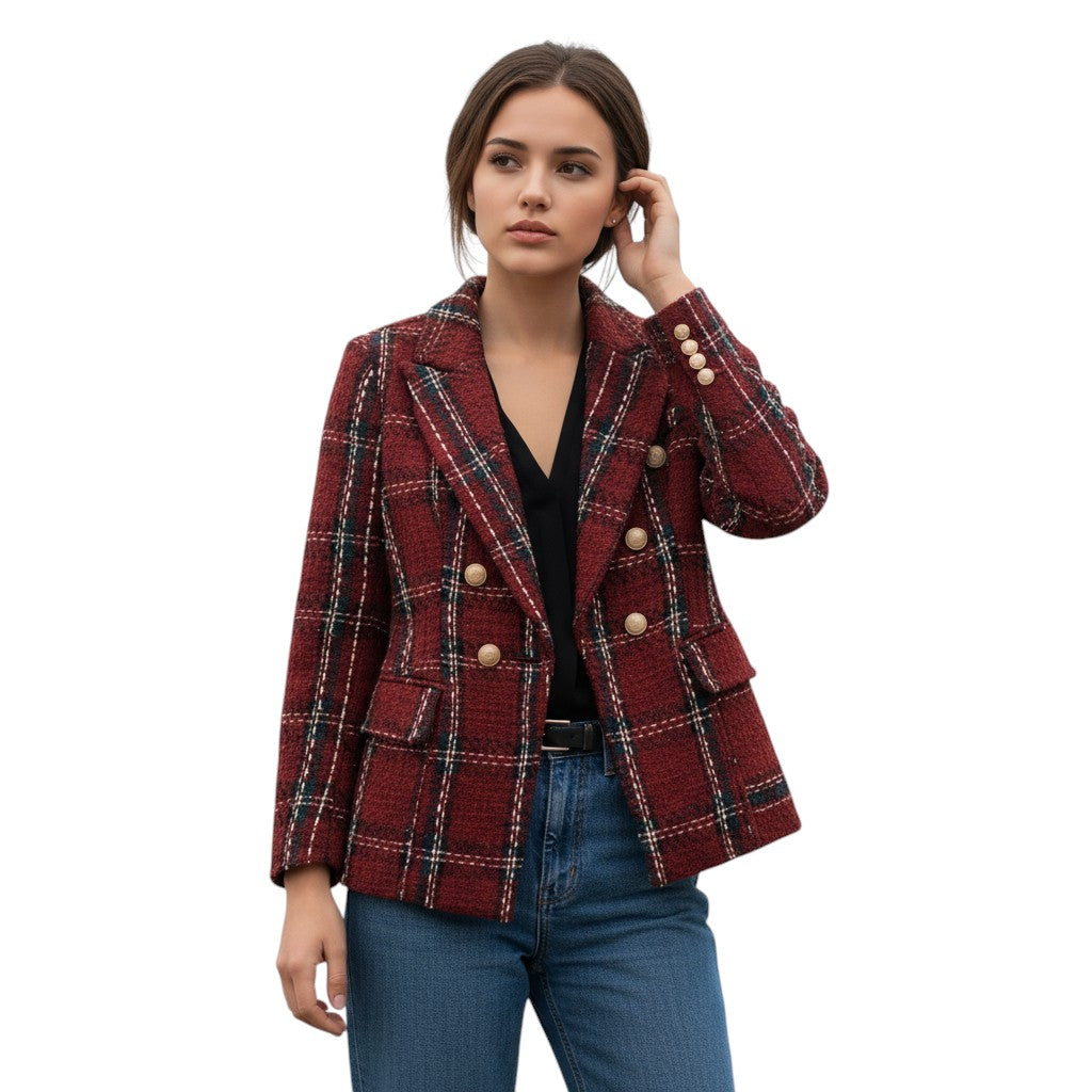 Women's Elegant Checkered Long Sleeve Blazer-Vyana Collective