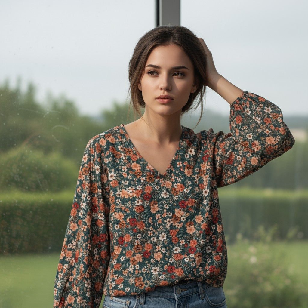 Women's Floral Print Long Sleeve Pullover-Vyana Collective