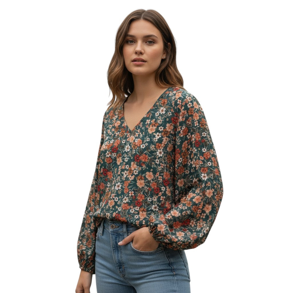 Women's Floral Print Long Sleeve Pullover-Vyana Collective