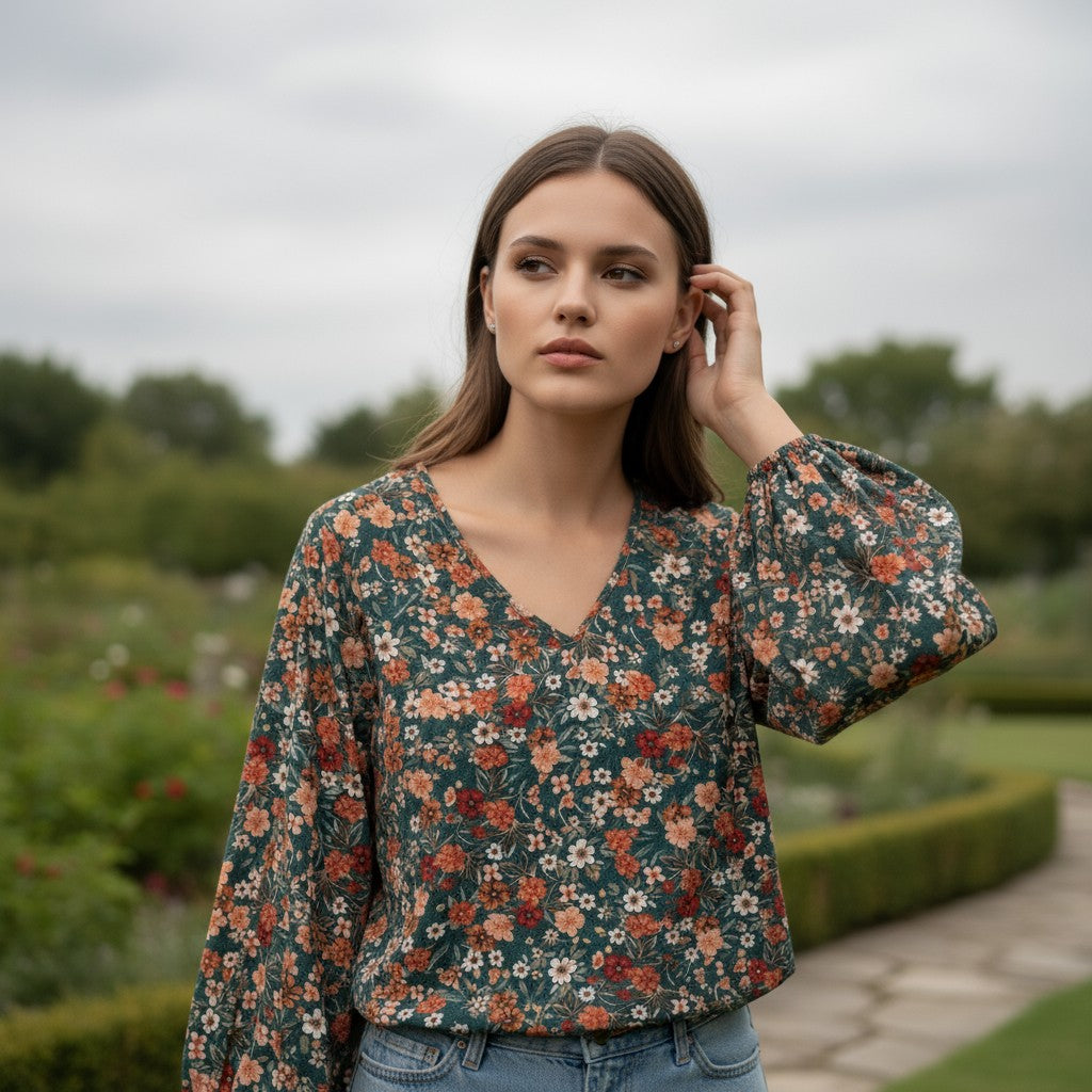 Women's Floral Print Long Sleeve Pullover-Vyana Collective