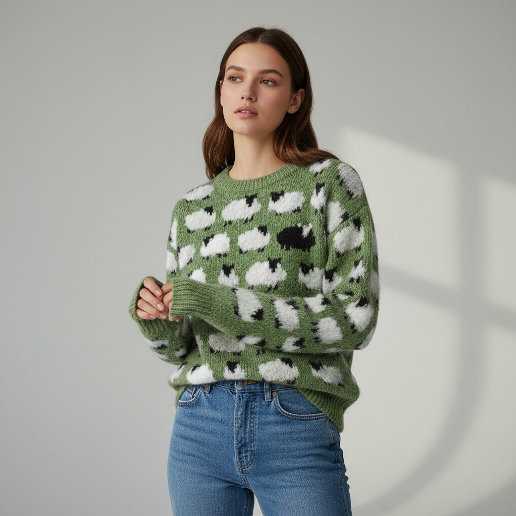 Women’s Long Sleeve Sheep Print Sweatshirt-Vyana Collective
