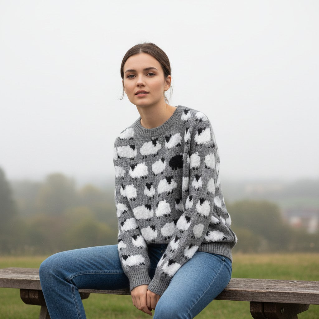 Women’s Long Sleeve Sheep Print Sweatshirt-Vyana Collective