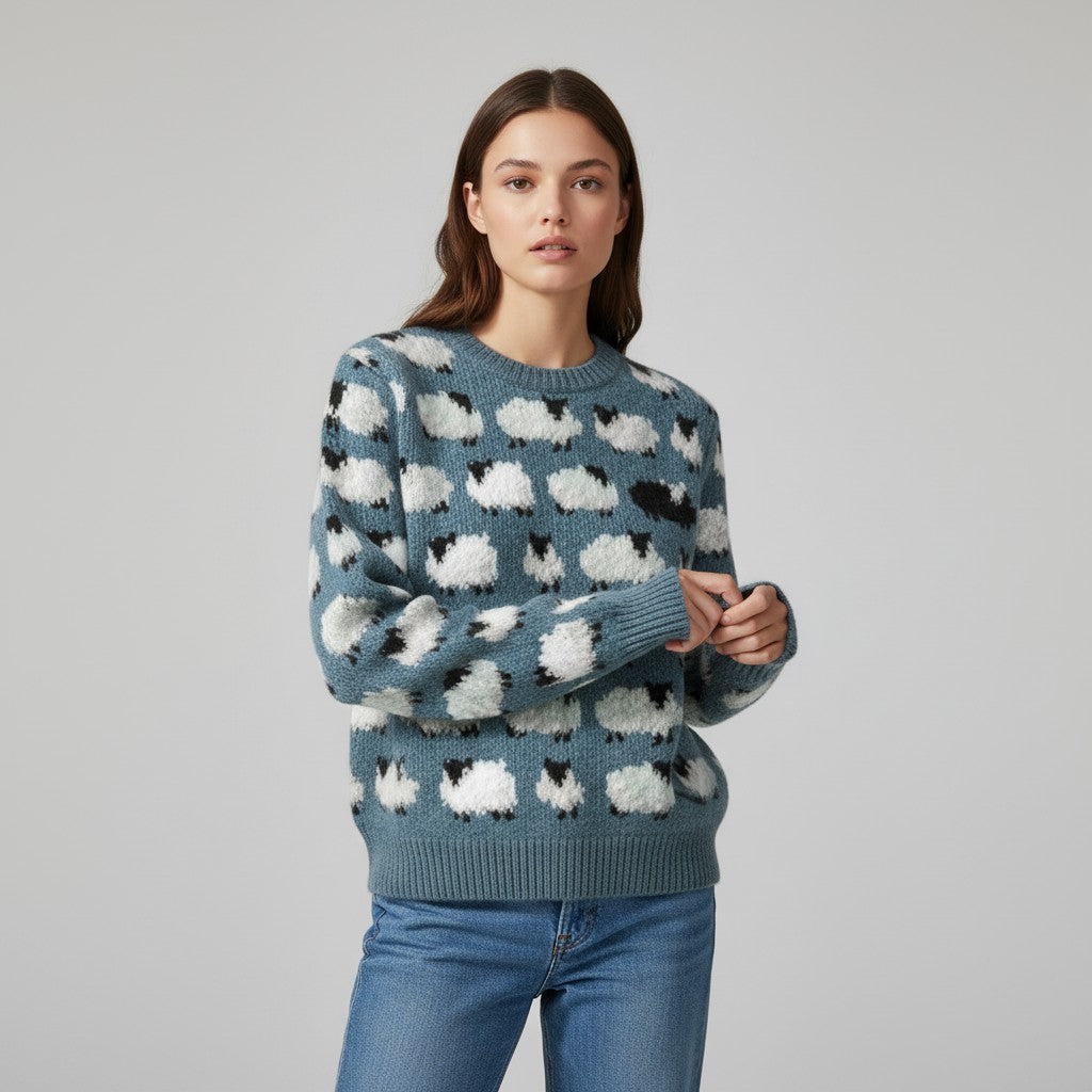 Women’s Long Sleeve Sheep Print Sweatshirt-Vyana Collective