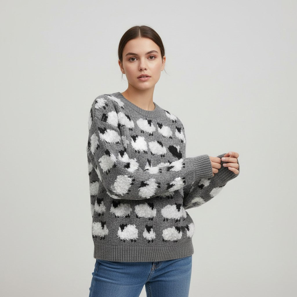 Women’s Long Sleeve Sheep Print Sweatshirt-Vyana Collective