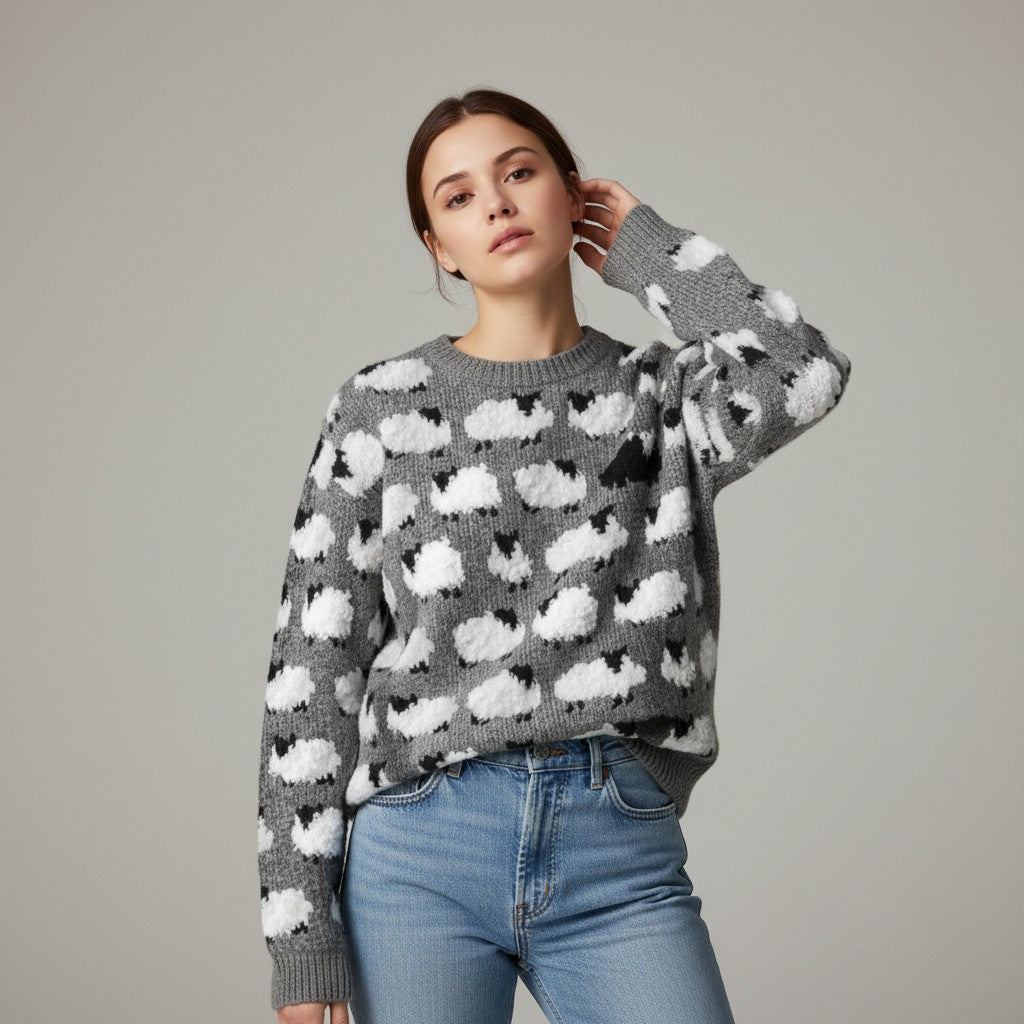Women’s Long Sleeve Sheep Print Sweatshirt-Vyana Collective