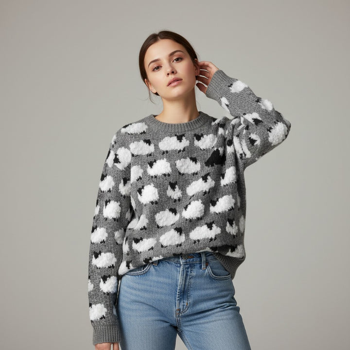 Women’s Long Sleeve Sheep Print Sweatshirt-Vyana Collective