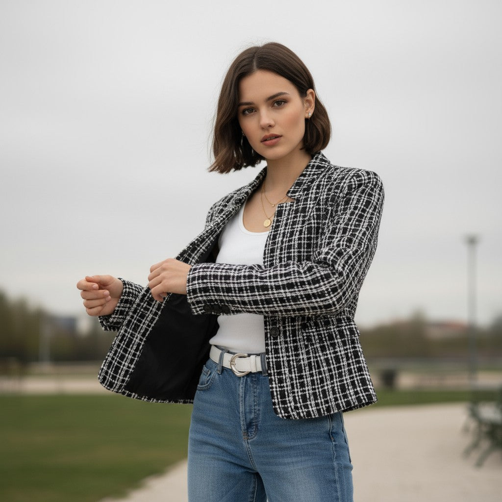 Women's Plaid Slim-Fit Jacquard Top-Vyana Collective