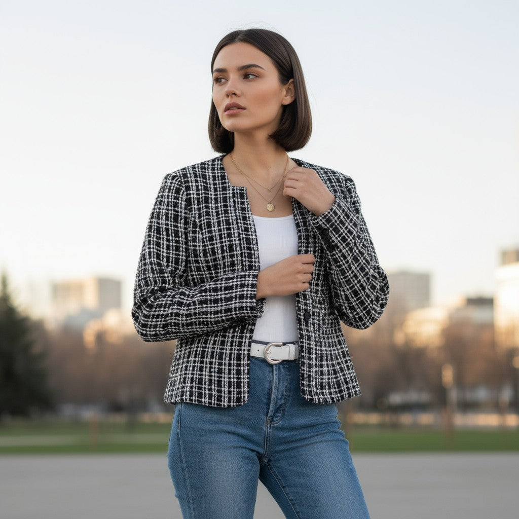 Women's Plaid Slim-Fit Jacquard Top-Vyana Collective