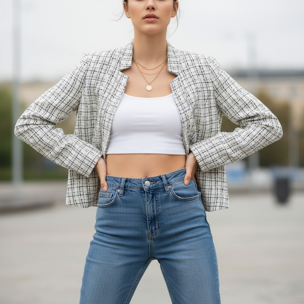 Women's Plaid Slim-Fit Jacquard Top-Vyana Collective