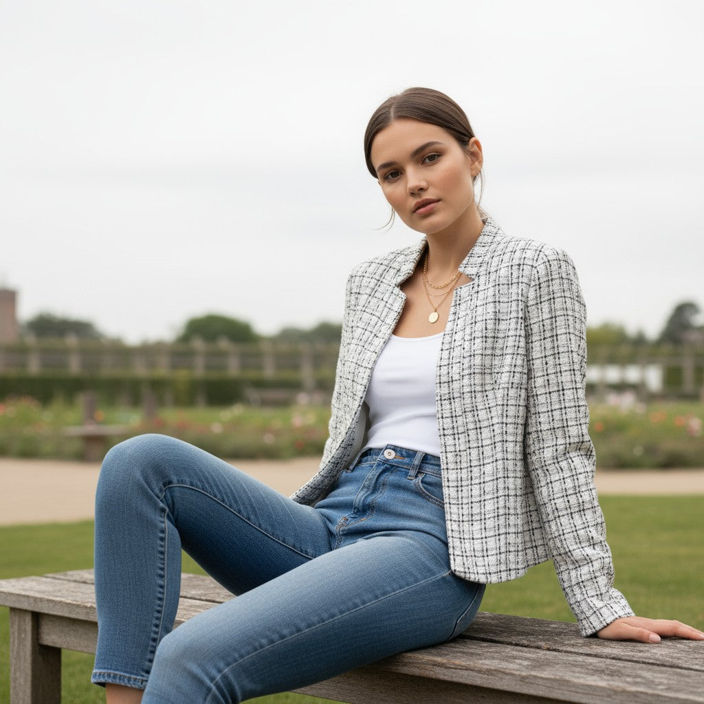 Women's Plaid Slim-Fit Jacquard Top-Vyana Collective