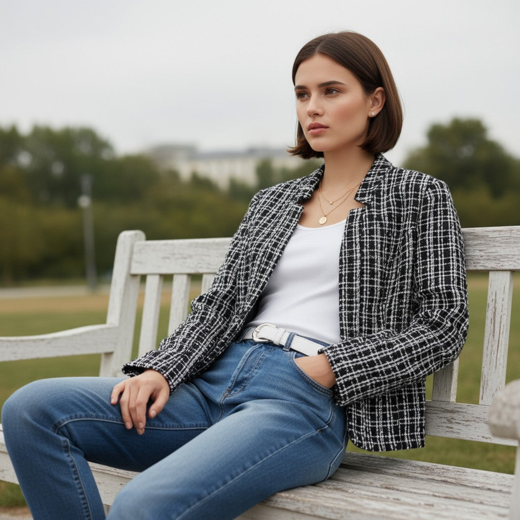 Women's Plaid Slim-Fit Jacquard Top-Vyana Collective