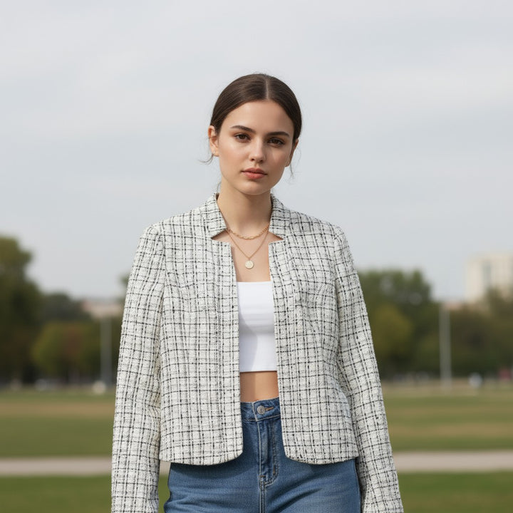 Women's Plaid Slim-Fit Jacquard Top-Vyana Collective