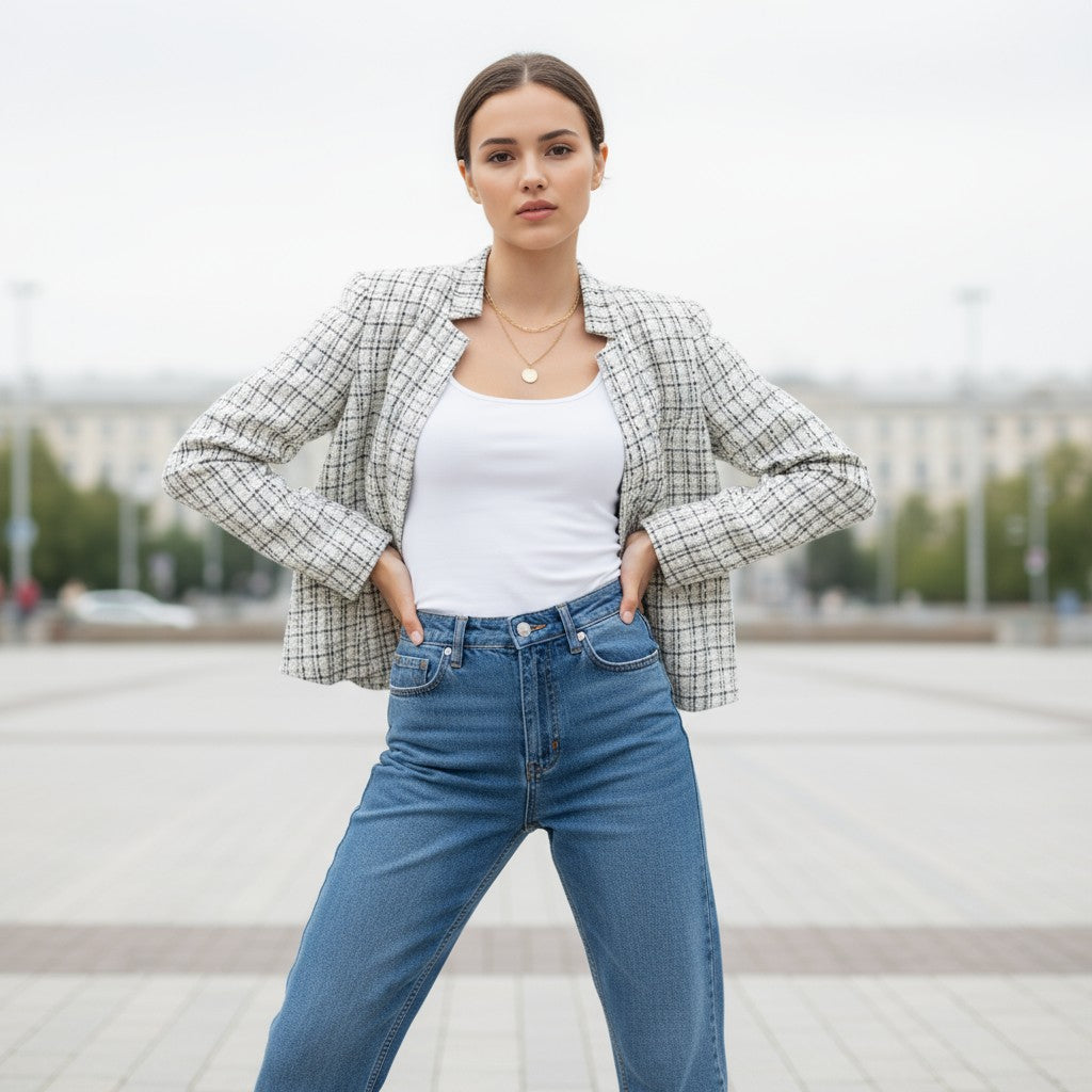 Women's Plaid Slim-Fit Jacquard Top-Vyana Collective