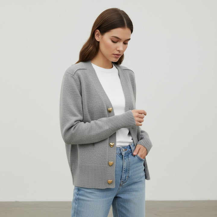 Women’s V-Neck Wool-Blend Cardigan with Heart Buttons-Vyana Collective