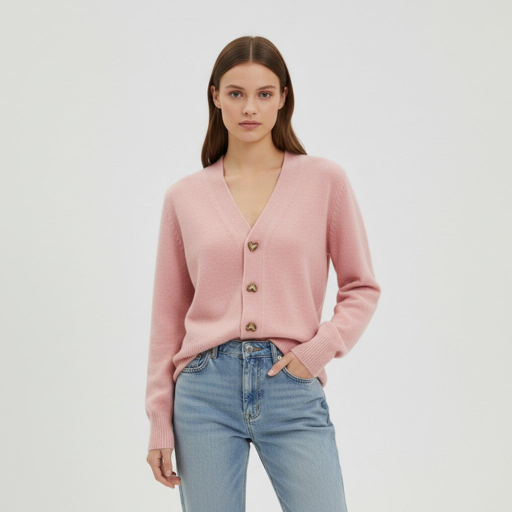 Women’s V-Neck Wool-Blend Cardigan with Heart Buttons-Vyana Collective