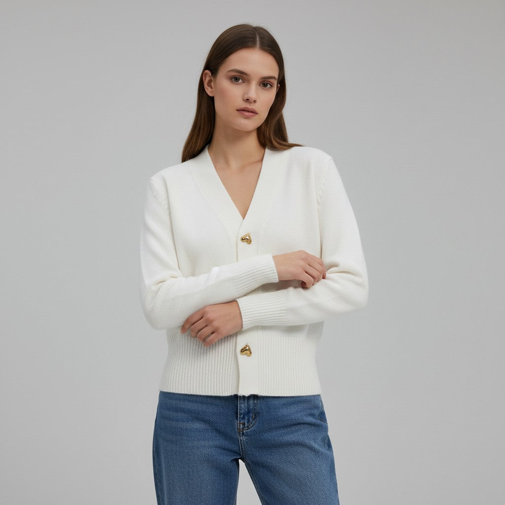 Women’s V-Neck Wool-Blend Cardigan with Heart Buttons-Vyana Collective
