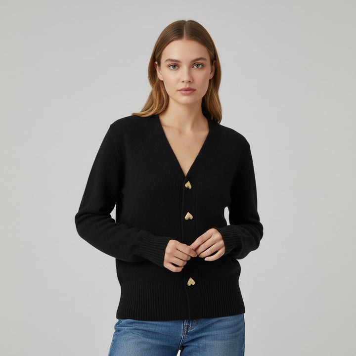 Women’s V-Neck Wool-Blend Cardigan with Heart Buttons-Vyana Collective
