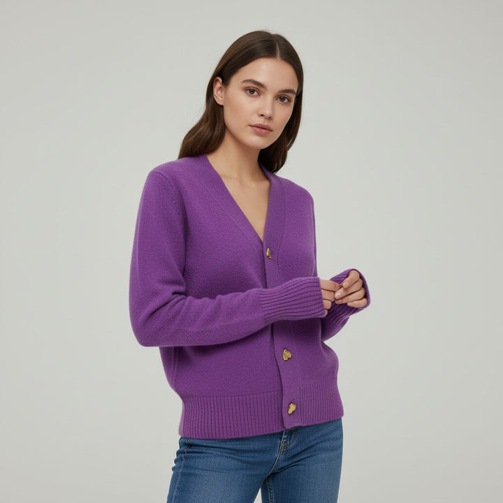 Women’s V-Neck Wool-Blend Cardigan with Heart Buttons-Vyana Collective