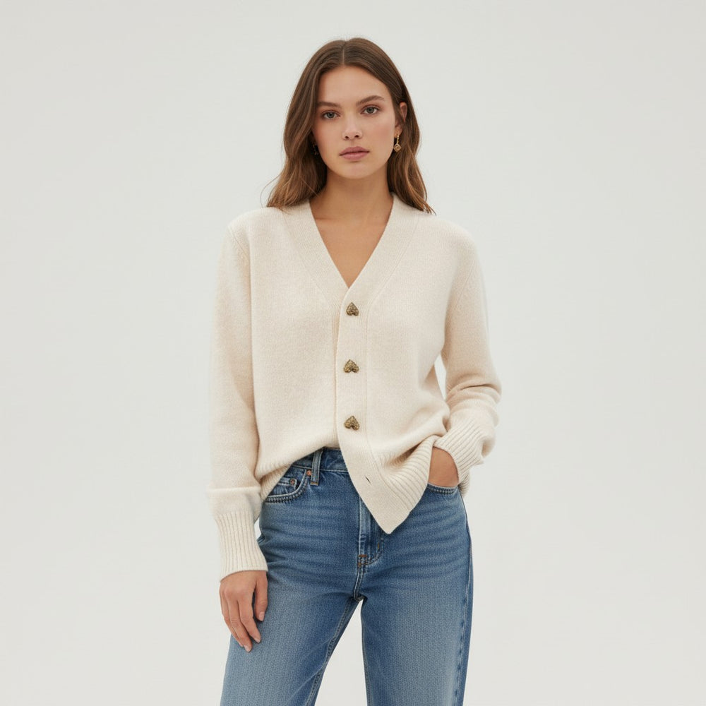 Women’s V-Neck Wool-Blend Cardigan with Heart Buttons-Vyana Collective