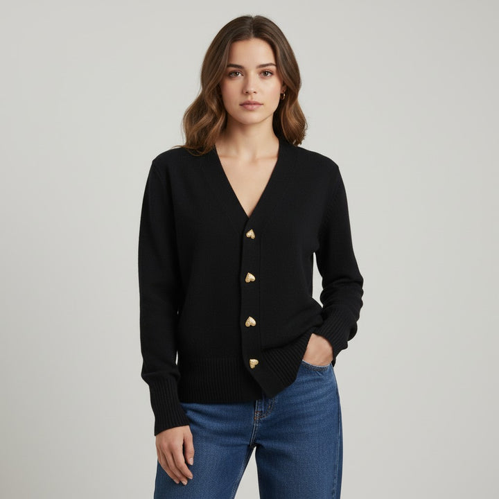 Women’s V-Neck Wool-Blend Cardigan with Heart Buttons-Vyana Collective