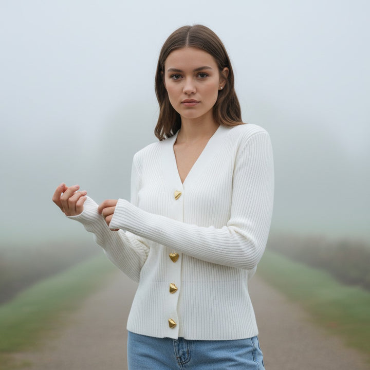 Women’s V-Neck Wool-Blend Cardigan with Heart Buttons-Vyana Collective