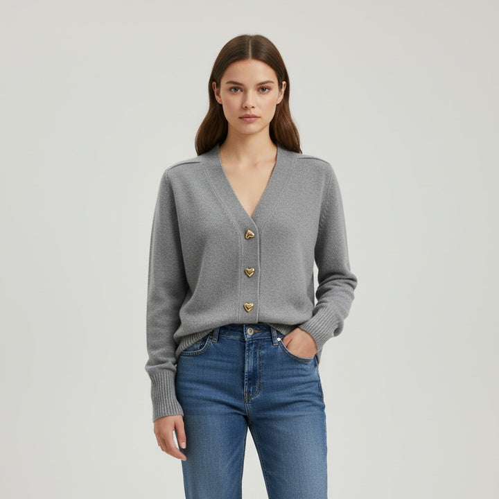 Women’s V-Neck Wool-Blend Cardigan with Heart Buttons-Vyana Collective