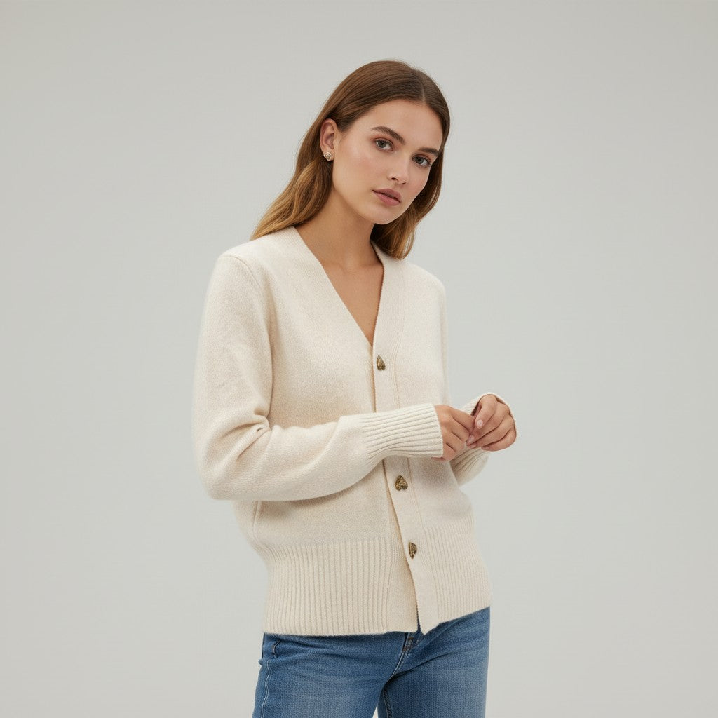 Women’s V-Neck Wool-Blend Cardigan with Heart Buttons-Vyana Collective