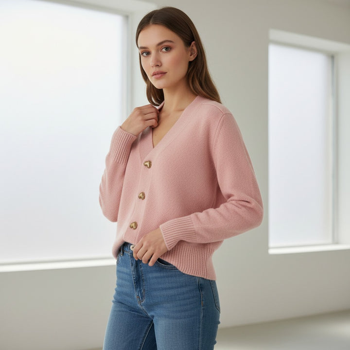 Women’s V-Neck Wool-Blend Cardigan with Heart Buttons-Vyana Collective