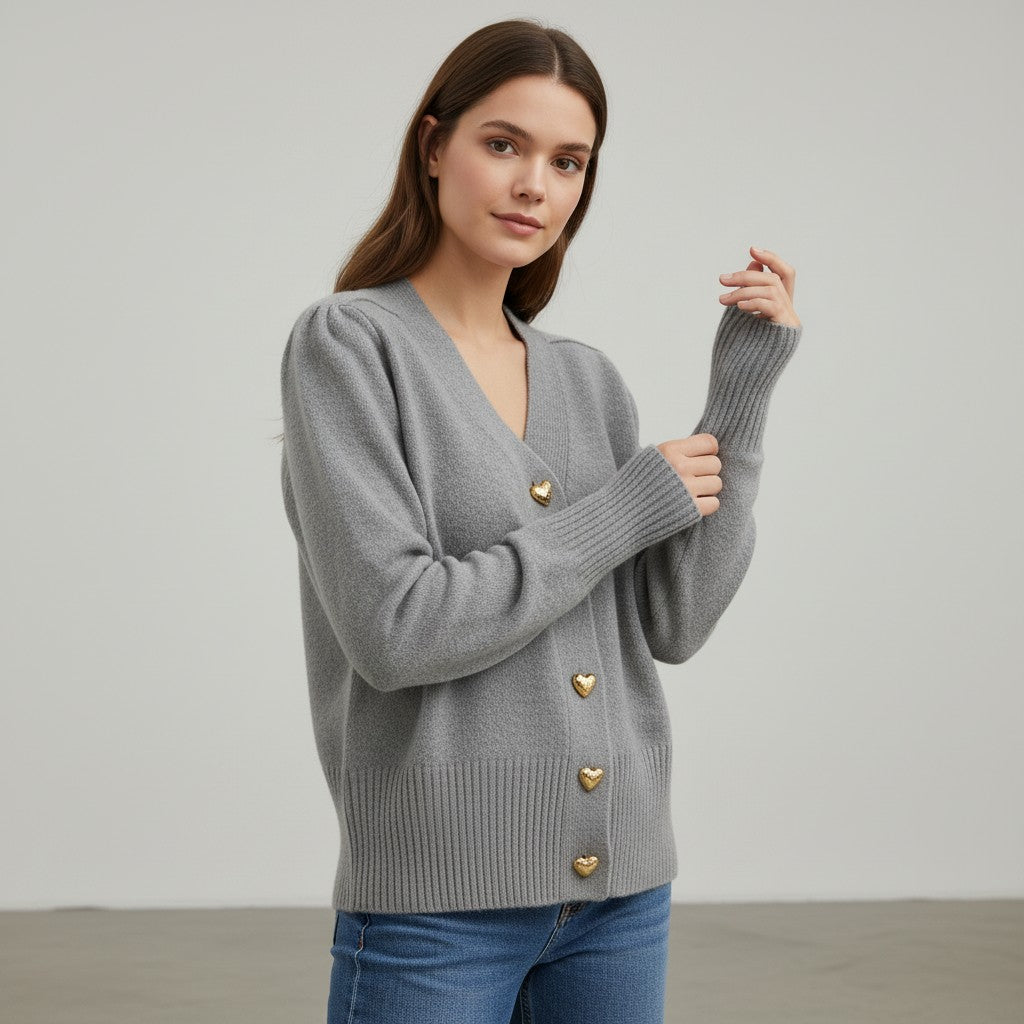 Women’s V-Neck Wool-Blend Cardigan with Heart Buttons-Vyana Collective