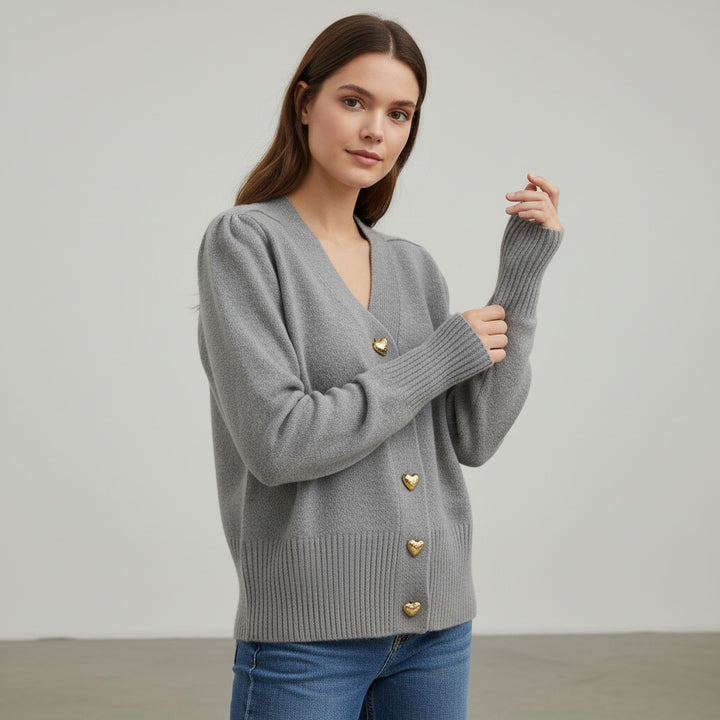 Women’s V-Neck Wool-Blend Cardigan with Heart Buttons-Vyana Collective