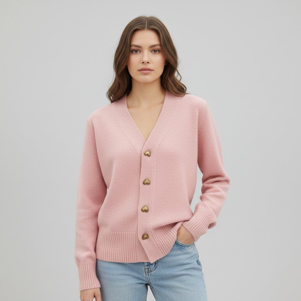 Women’s V-Neck Wool-Blend Cardigan with Heart Buttons-Vyana Collective