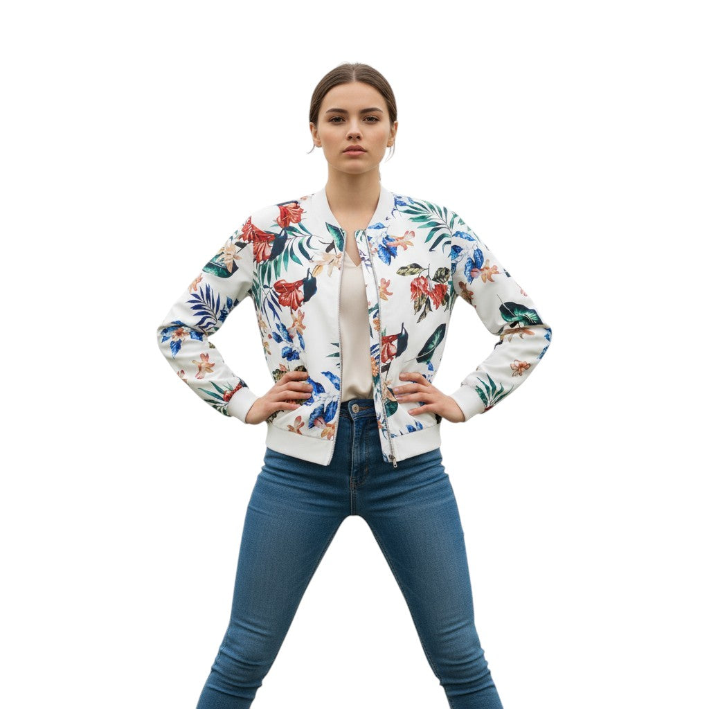 Women's Zip-Up Botanical Print Jacket-Vyana Collective