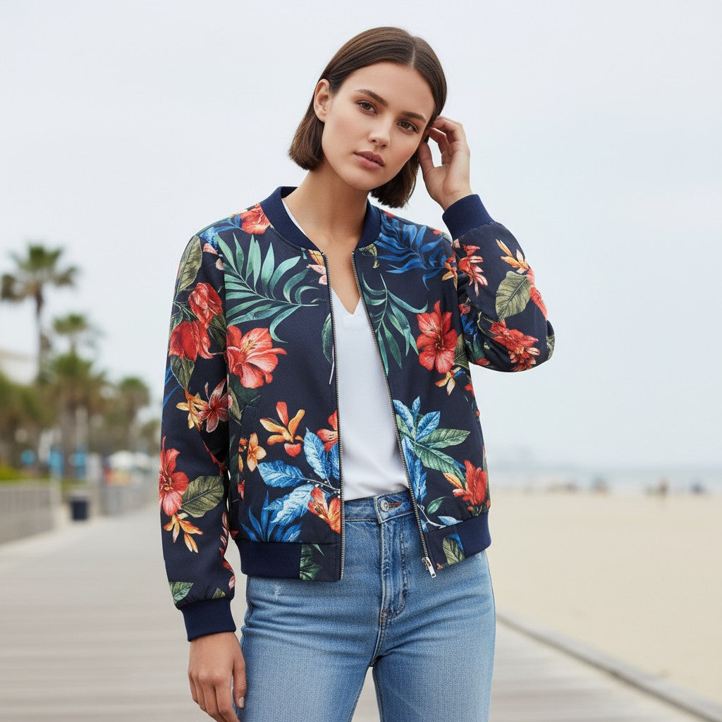 Women's Zip-Up Botanical Print Jacket-Vyana Collective