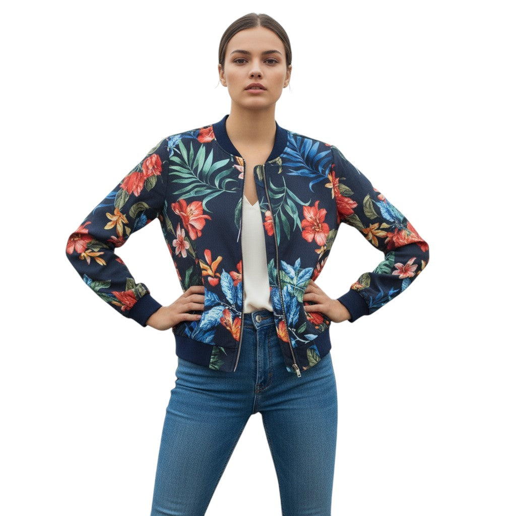 Women's Zip-Up Botanical Print Jacket-Vyana Collective