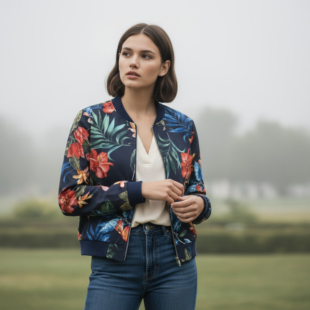 Women's Zip-Up Botanical Print Jacket-Vyana Collective