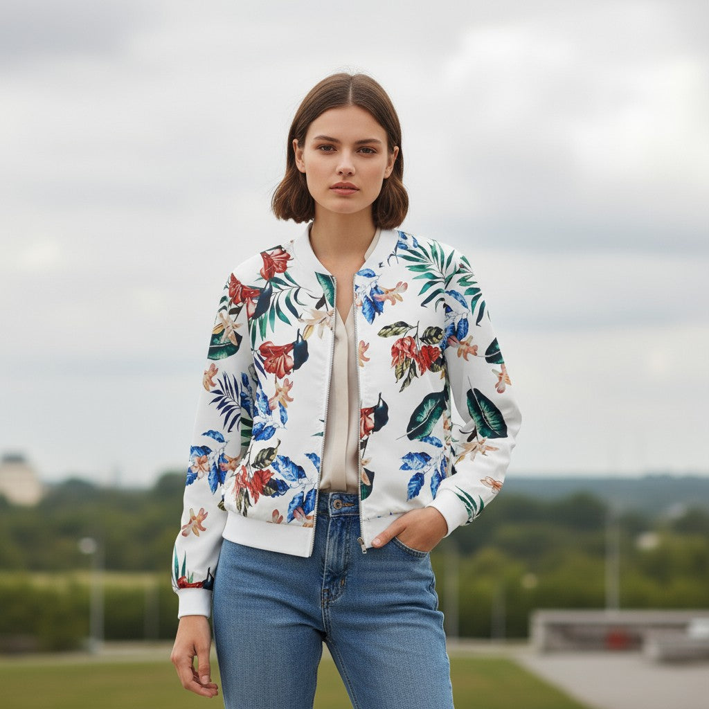 Women's Zip-Up Botanical Print Jacket-Vyana Collective
