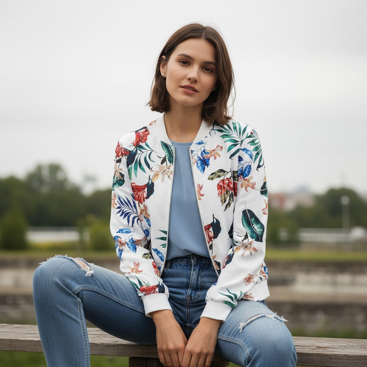 Women's Zip-Up Botanical Print Jacket-Vyana Collective