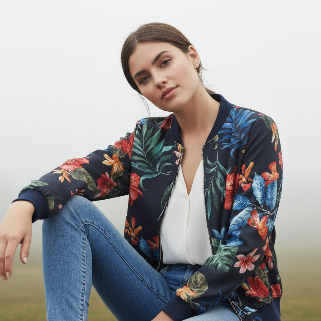 Women's Zip-Up Botanical Print Jacket-Vyana Collective