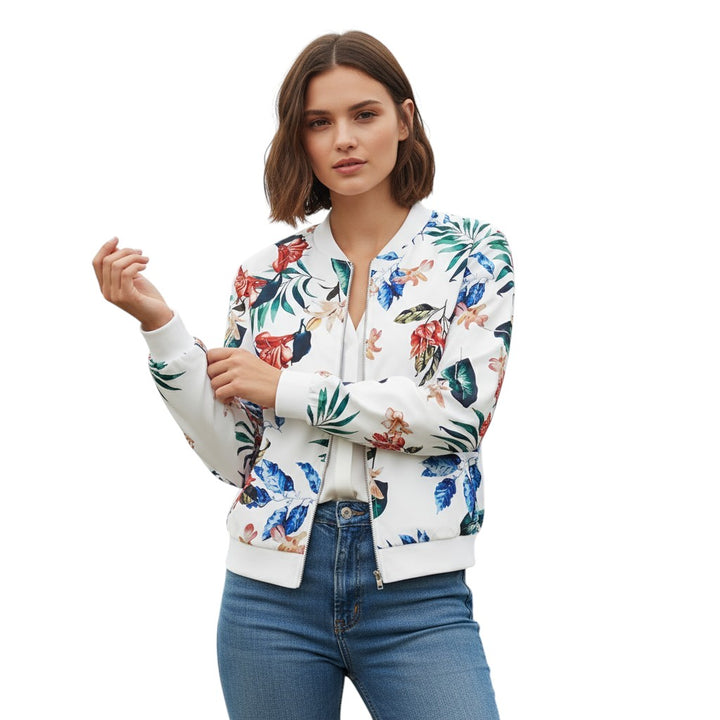 Women's Zip-Up Botanical Print Jacket-Vyana Collective