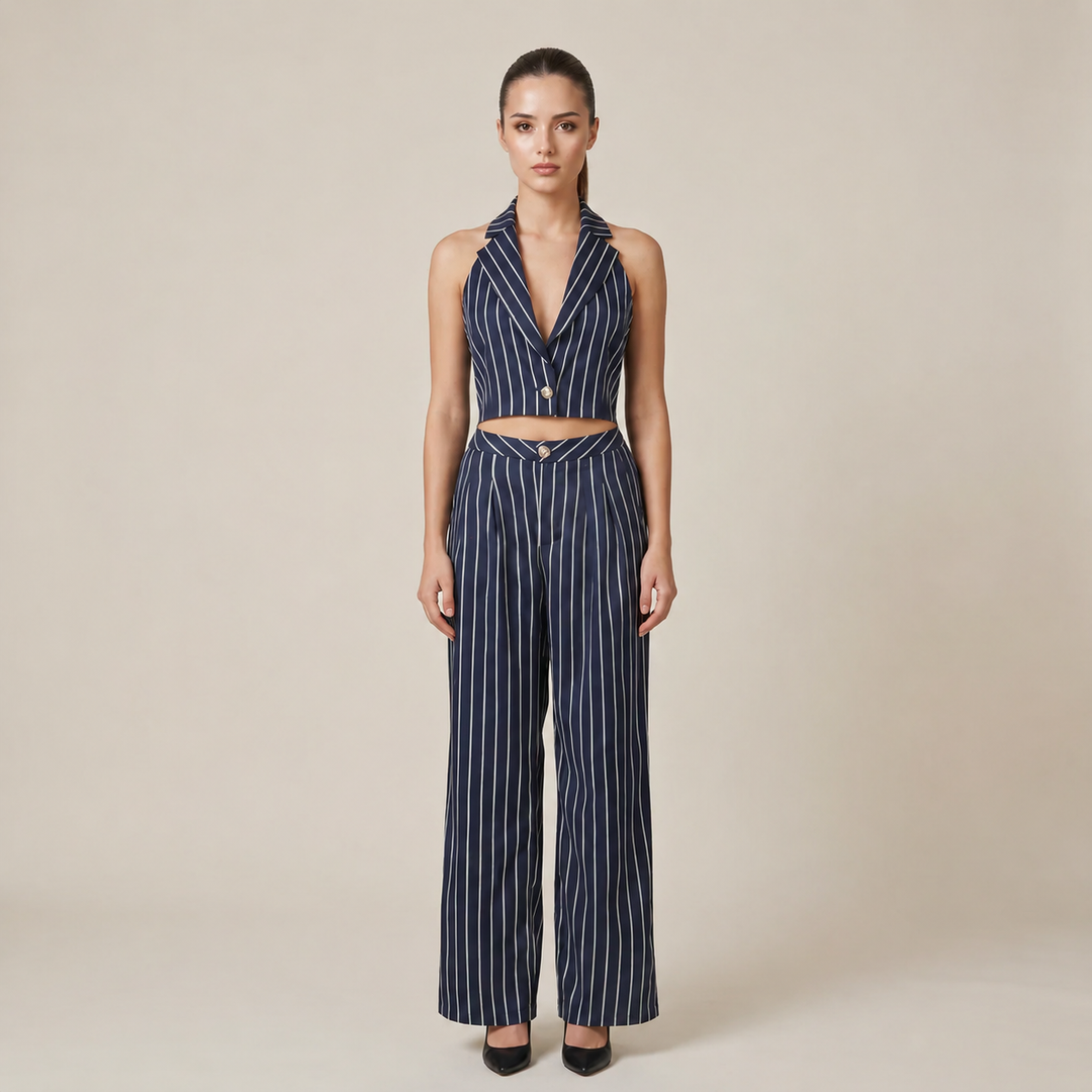 Navy Pinstripe Three Piece Blazer, Vest and Wide Leg Pants Set for Meetings Ready and Executive Elegance Women
