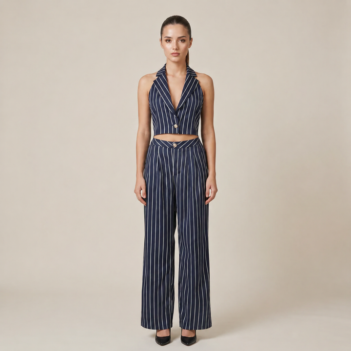 Navy Pinstripe Three Piece Blazer, Vest and Wide Leg Pants Set for Meetings Ready and Executive Elegance Women