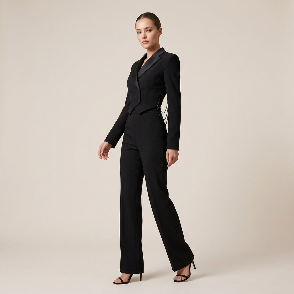 Black Beaded Cropped Blazer and High Waist Pants Set for Friday Night Vibes and Modern Glamour Women
