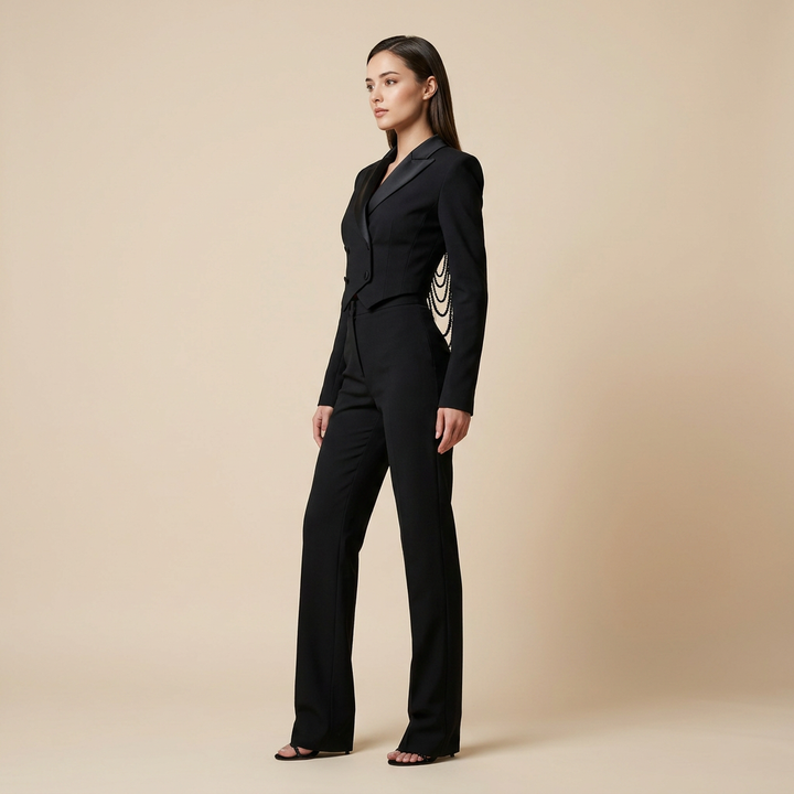 Black Beaded Cropped Blazer and High Waist Pants Set for Friday Night Vibes and Modern Glamour Women