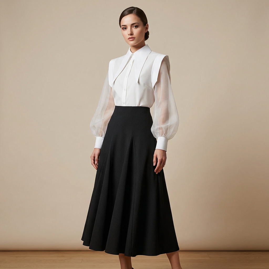 Black and White Shirt and High Waisted Maxi Skirt Set for Meetings Ready and Timeless Elegance Women