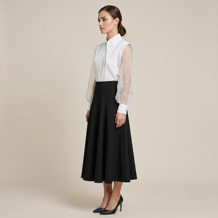 Black and White Shirt and High Waisted Maxi Skirt Set for Meetings Ready and Timeless Elegance Women