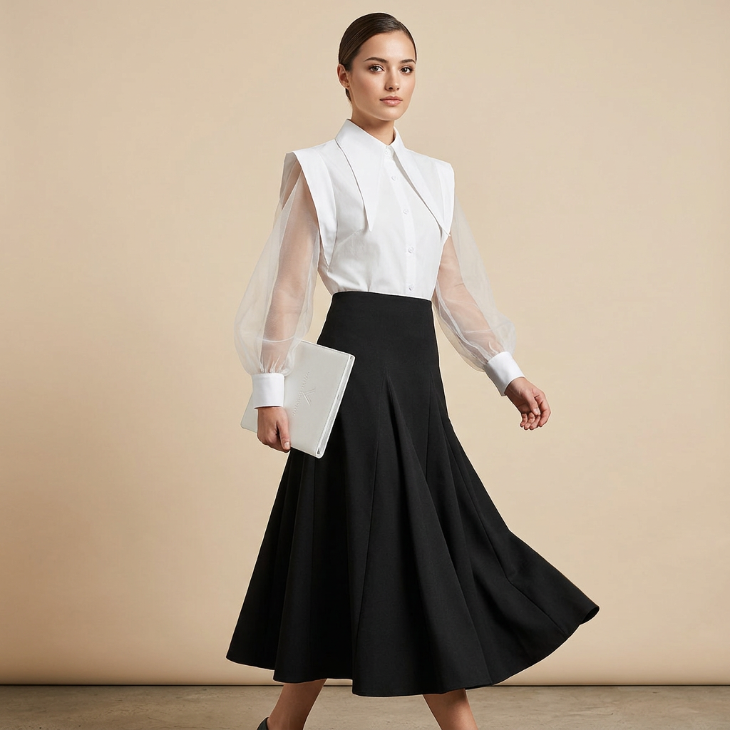 Black and White Shirt and High Waisted Maxi Skirt Set for Meetings Ready and Timeless Elegance Women